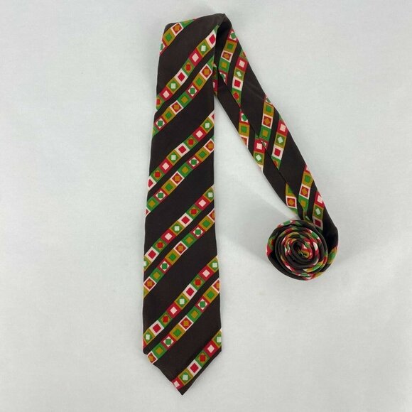 Gallieni Necktie Men's Brown Red Green Yellow Geometric Silk Short Narrow Skinny - Picture 1 of 6